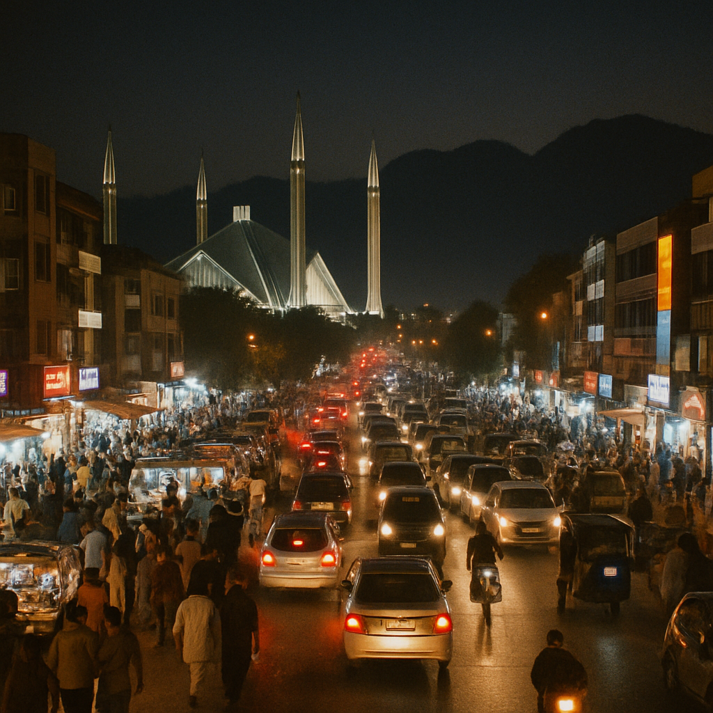 A bustling night scene in Islamabad