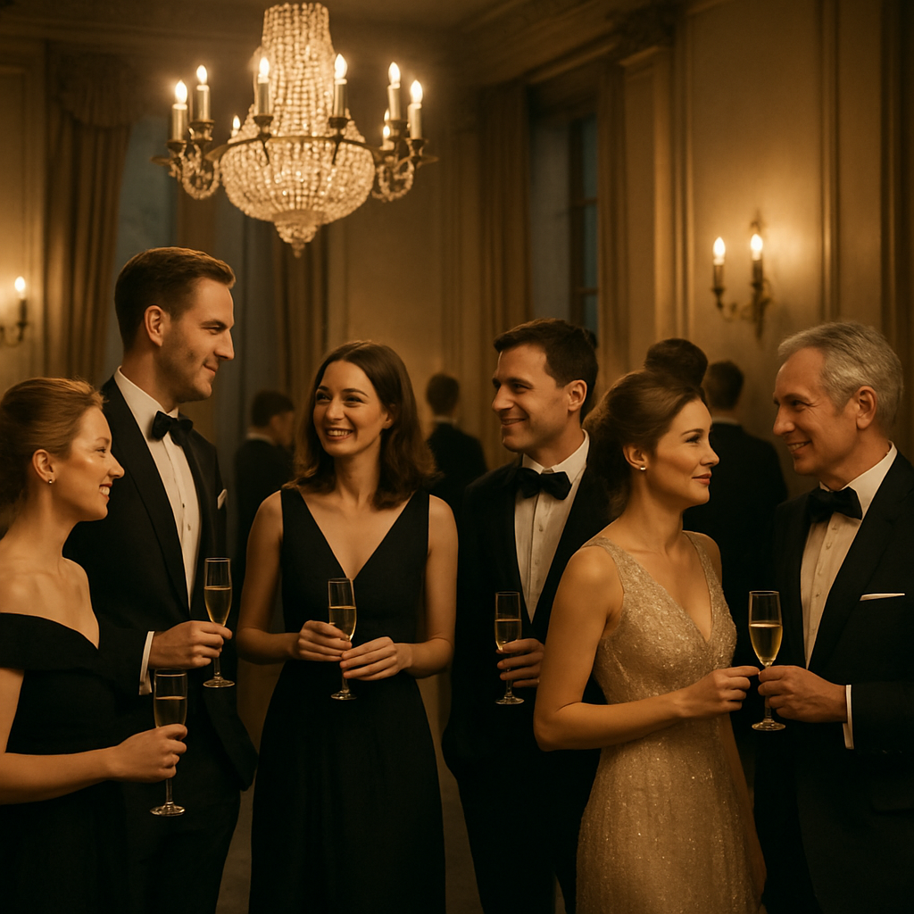 A sophisticated event setting with elegant individuals socializing